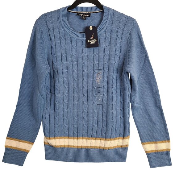 Nautica Jeans Other - NWT Nautica Jeans Cable Knit Sweater In Slate Blue w/ Contrast Stripe Trim Sz M